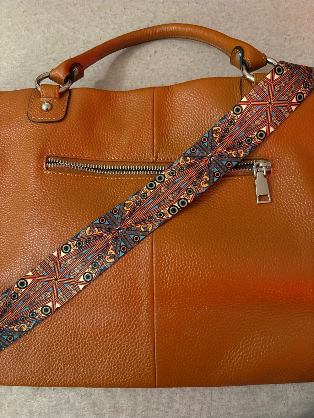 Women's Caramel Brown Leather Shoulder Bag with Patterned Strap